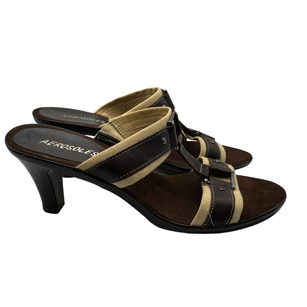 Aerosoles Womens Brown Leather Canvas Slide Sandals Kitten Heels 7M Fabric Strap